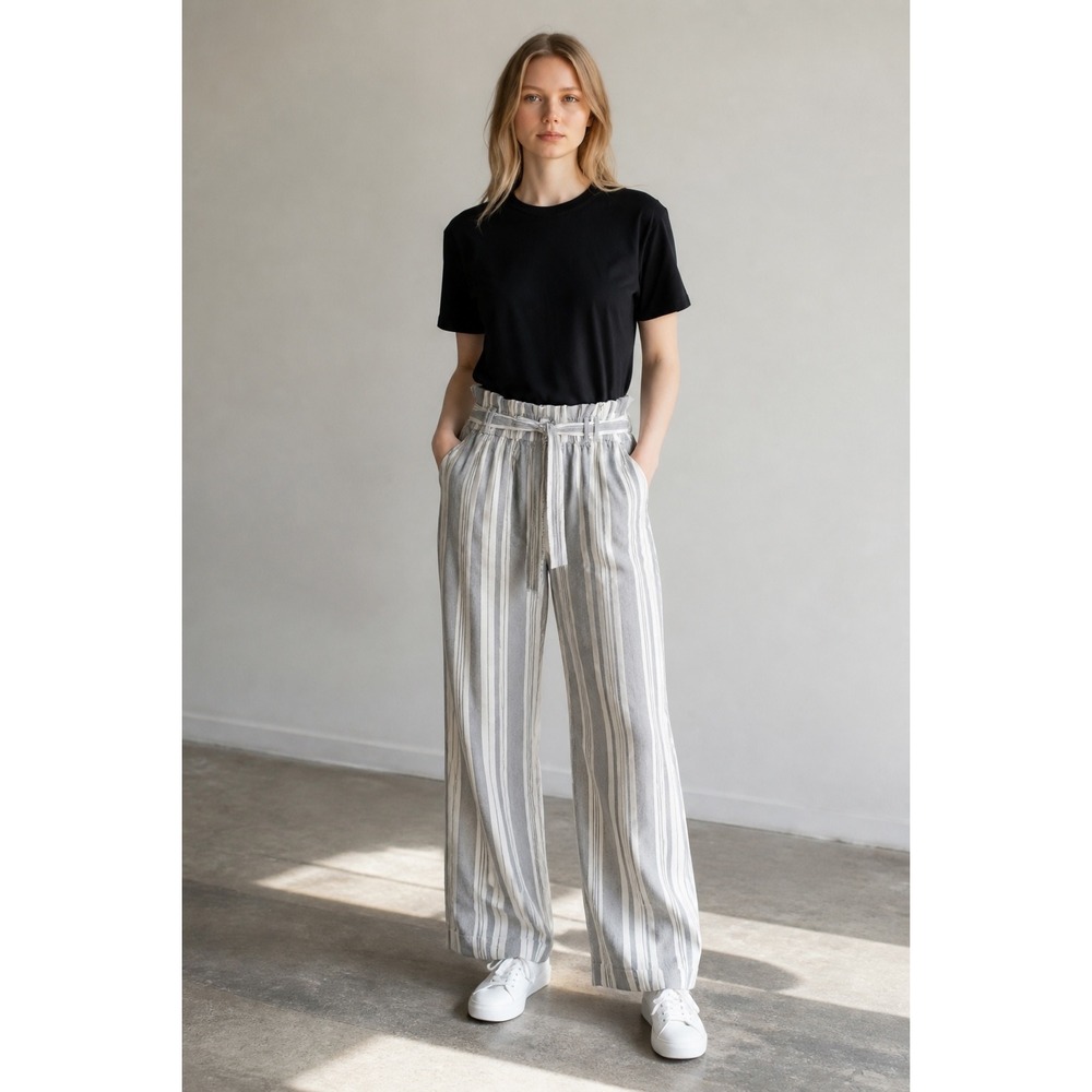 American‎ Eagle Striped Paperbag Waist Wide Leg Pants Gray White Small
